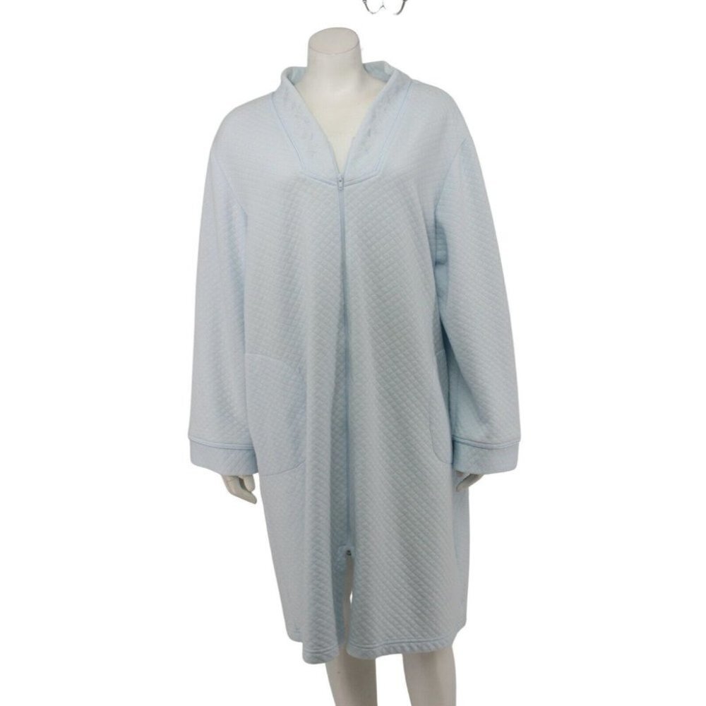 Miss Elaine Woman Blue Quilted Floral Embroidered Zip Fleece Robe Size XL
